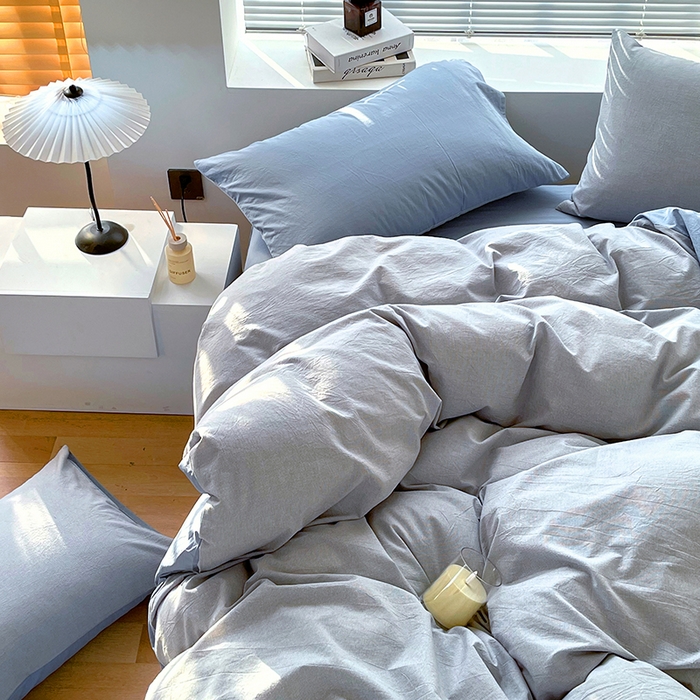 91家纺网 家纺一手货源 找家纺 春皖家纺 2026春夏新款全棉纯棉水洗棉四件套 细条蓝