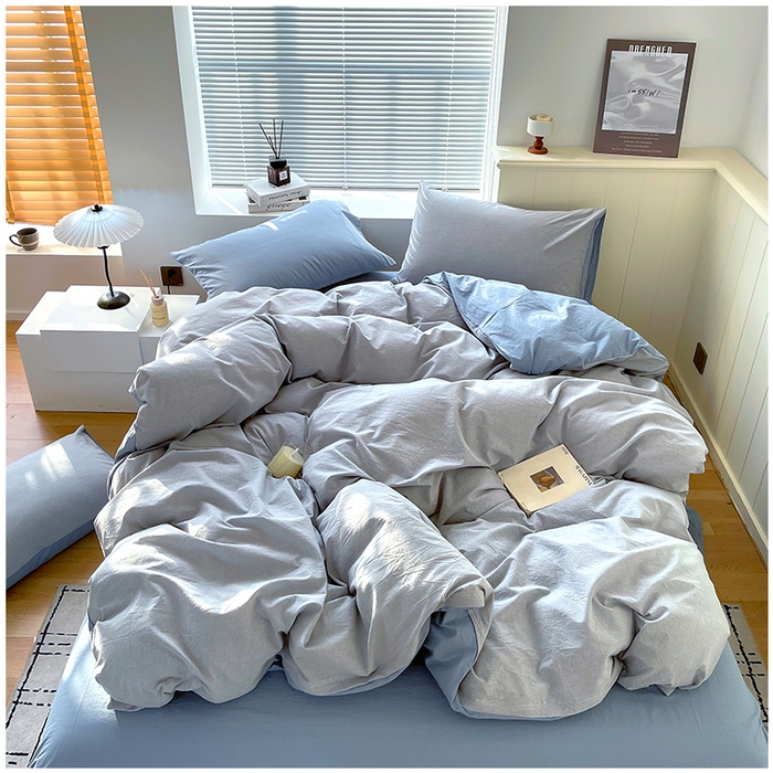 91家纺网 家纺一手货源 找家纺 春皖家纺 2026春夏新款全棉纯棉水洗棉四件套 细条蓝