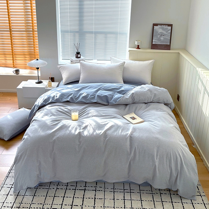 91家纺网 家纺一手货源 找家纺 春皖家纺 2026春夏新款全棉纯棉水洗棉四件套 细条蓝