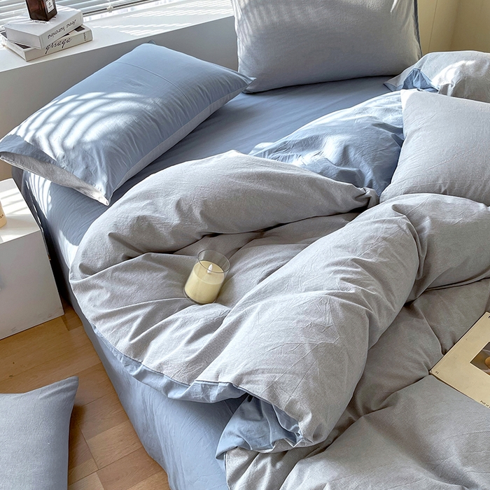 91家纺网 家纺一手货源 找家纺 春皖家纺 2026春夏新款全棉纯棉水洗棉四件套 细条蓝