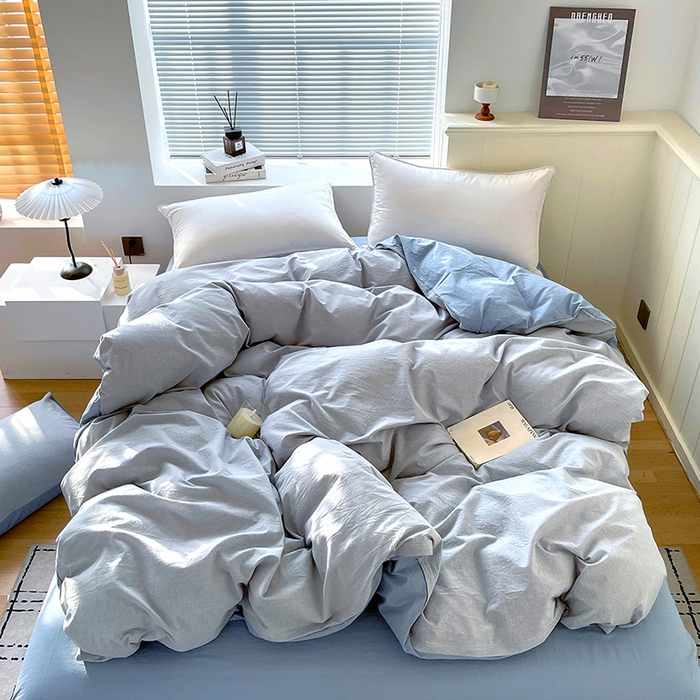 91家纺网 家纺一手货源 找家纺 春皖家纺 2026春夏新款全棉纯棉水洗棉四件套 细条蓝