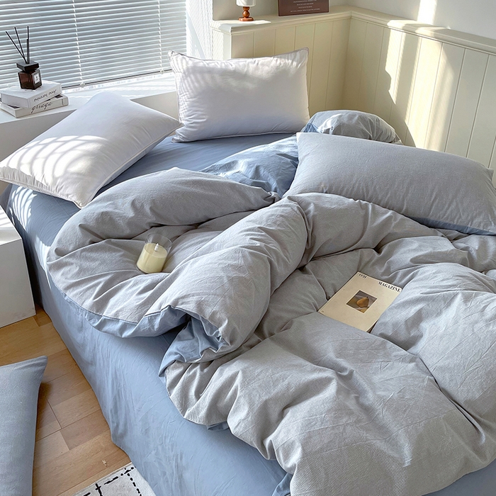 91家纺网 家纺一手货源 找家纺 春皖家纺 2026春夏新款全棉纯棉水洗棉四件套 细条蓝