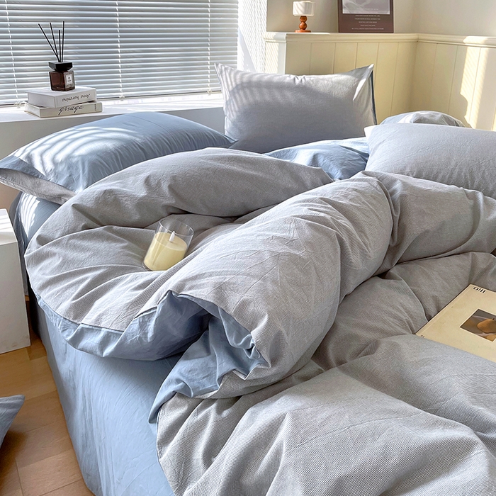 91家纺网 家纺一手货源 找家纺 春皖家纺 2026春夏新款全棉纯棉水洗棉四件套 细条蓝