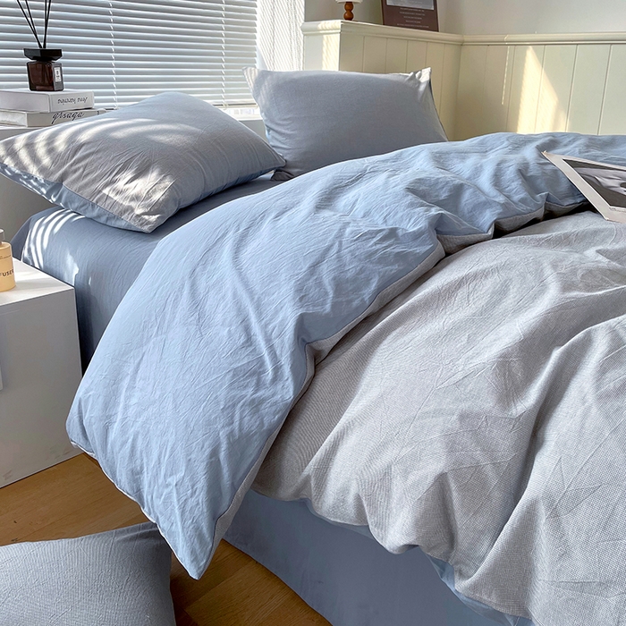 91家纺网 家纺一手货源 找家纺 春皖家纺 2026春夏新款全棉纯棉水洗棉四件套 细条蓝