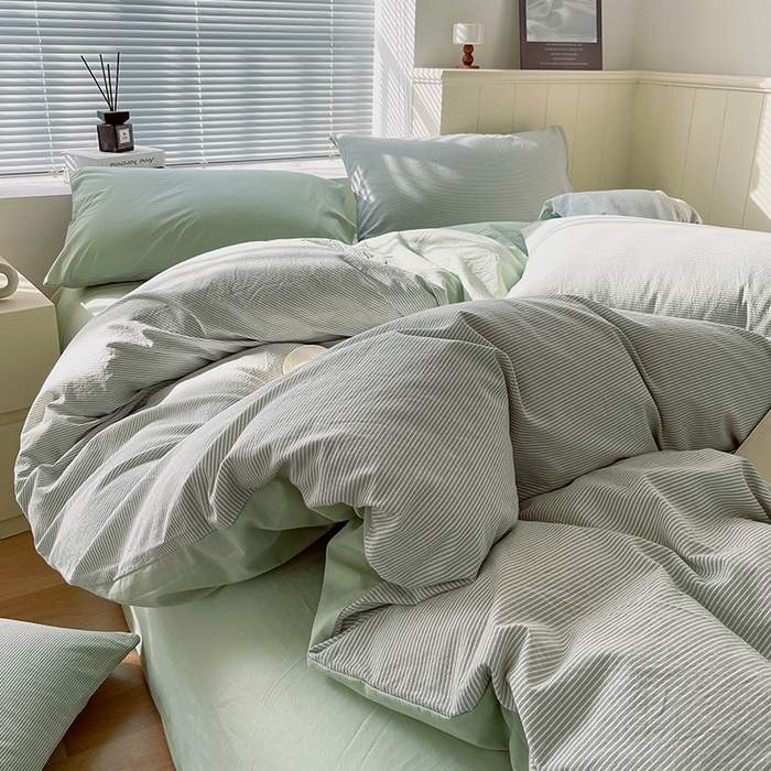 春皖家纺 2026春夏新款全棉纯棉水洗棉四件套 细条绿