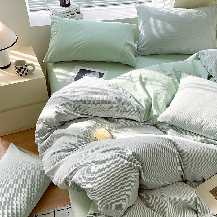 91家纺网 家纺一手货源 找家纺 春皖家纺 2026春夏新款全棉纯棉水洗棉四件套 细条绿