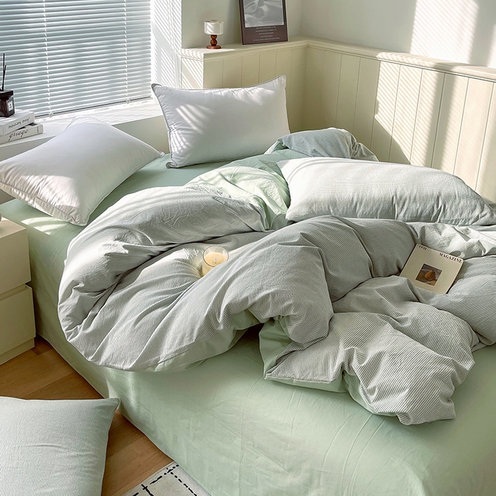 91家纺网 家纺一手货源 找家纺 春皖家纺 2026春夏新款全棉纯棉水洗棉四件套 细条绿