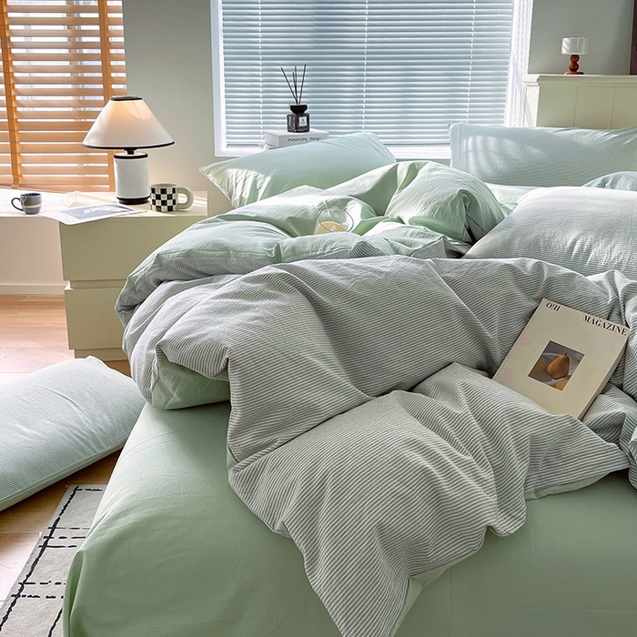 91家纺网 家纺一手货源 找家纺 春皖家纺 2026春夏新款全棉纯棉水洗棉四件套 细条绿