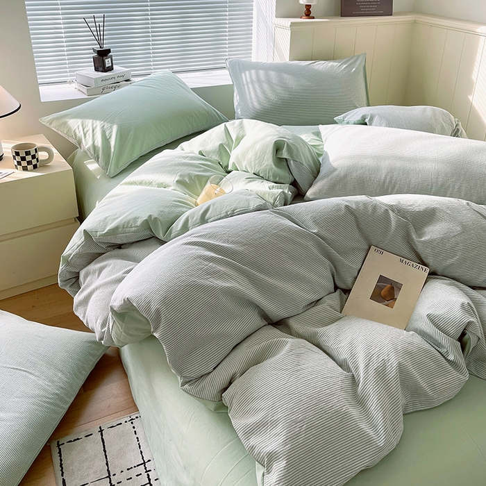 91家纺网 家纺一手货源 找家纺 春皖家纺 2026春夏新款全棉纯棉水洗棉四件套 细条绿