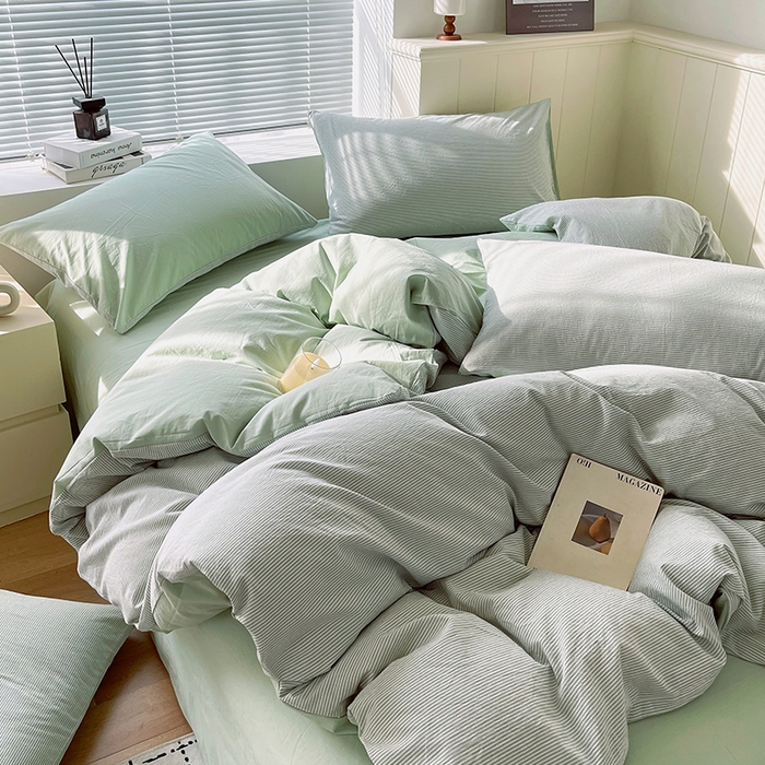 91家纺网 家纺一手货源 找家纺 春皖家纺 2026春夏新款全棉纯棉水洗棉四件套 细条绿