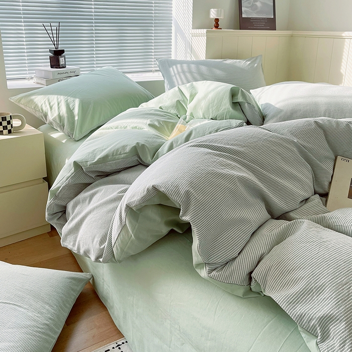 91家纺网 家纺一手货源 找家纺 春皖家纺 2026春夏新款全棉纯棉水洗棉四件套 细条绿