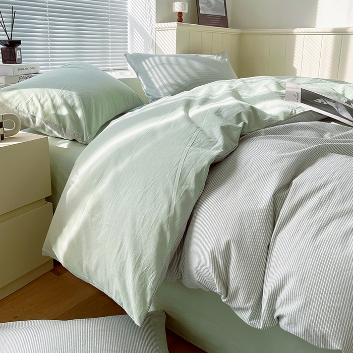 91家纺网 家纺一手货源 找家纺 春皖家纺 2026春夏新款全棉纯棉水洗棉四件套 细条绿