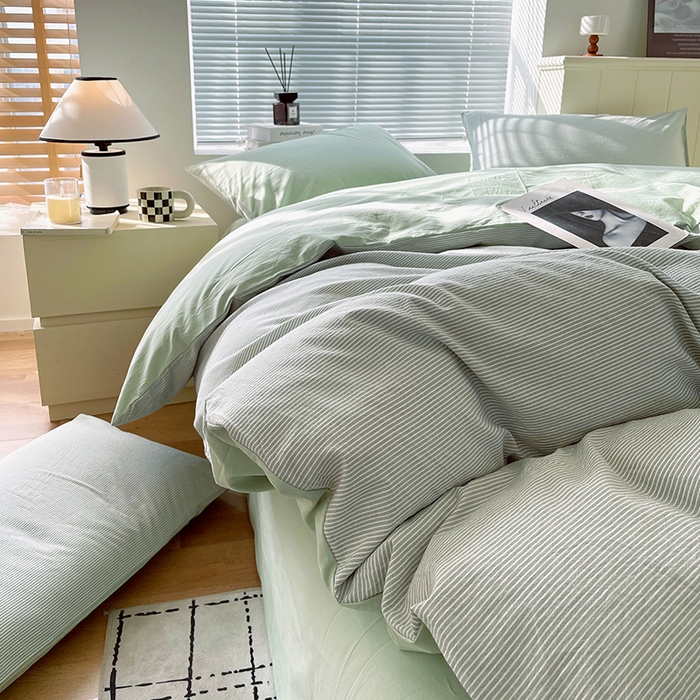 91家纺网 家纺一手货源 找家纺 春皖家纺 2026春夏新款全棉纯棉水洗棉四件套 细条绿