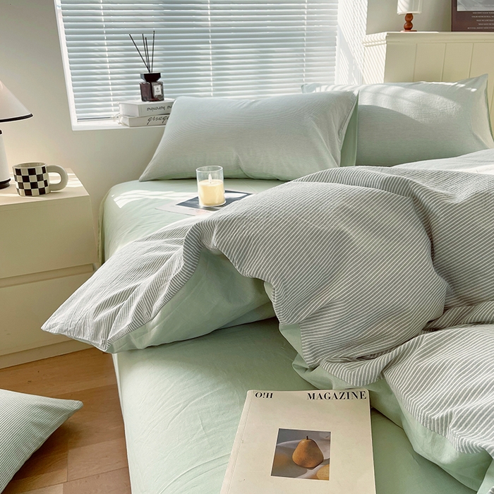 91家纺网 家纺一手货源 找家纺 春皖家纺 2026春夏新款全棉纯棉水洗棉四件套 细条绿