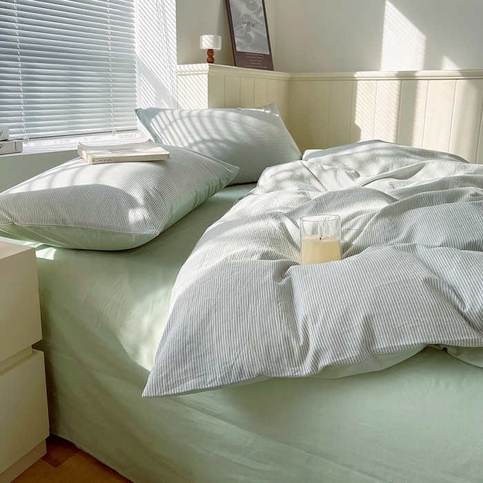 91家纺网 家纺一手货源 找家纺 春皖家纺 2026春夏新款全棉纯棉水洗棉四件套 细条绿