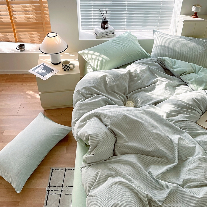 91家纺网 家纺一手货源 找家纺 春皖家纺 2026春夏新款全棉纯棉水洗棉四件套 细条绿