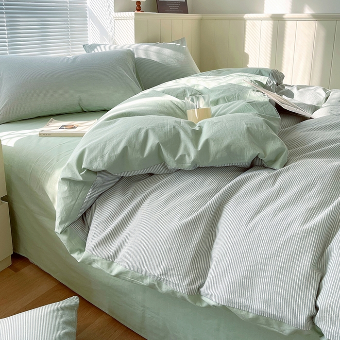 91家纺网 家纺一手货源 找家纺 春皖家纺 2026春夏新款全棉纯棉水洗棉四件套 细条绿