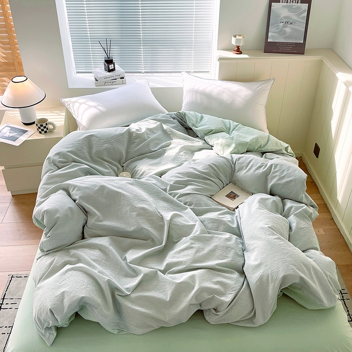 91家纺网 家纺一手货源 找家纺 春皖家纺 2026春夏新款全棉纯棉水洗棉四件套 细条绿