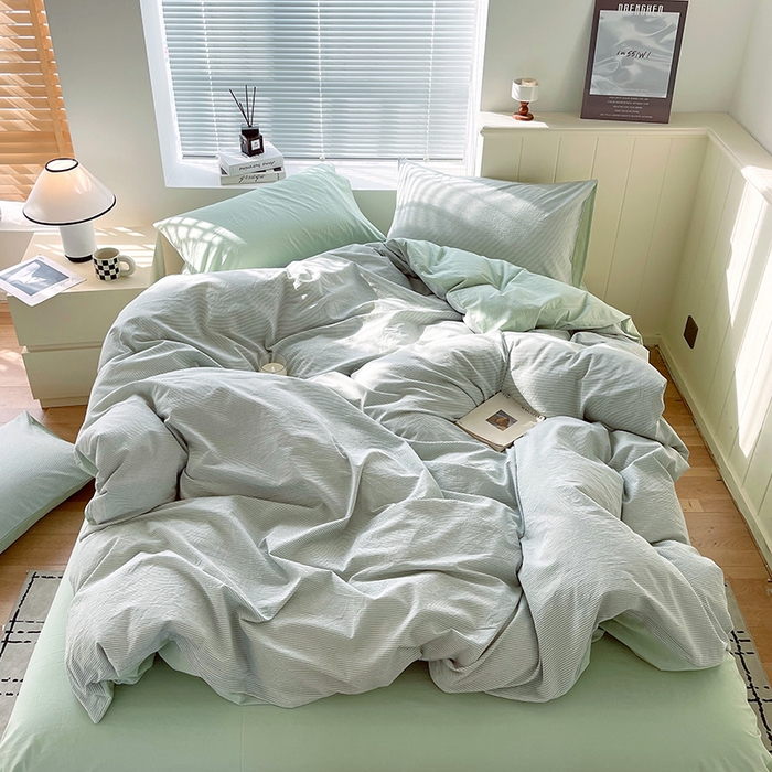 91家纺网 家纺一手货源 找家纺 春皖家纺 2026春夏新款全棉纯棉水洗棉四件套 细条绿