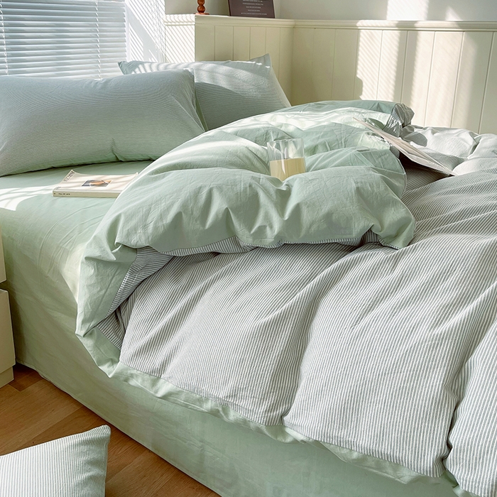 91家纺网 家纺一手货源 找家纺 春皖家纺 2026春夏新款全棉纯棉水洗棉四件套 细条绿