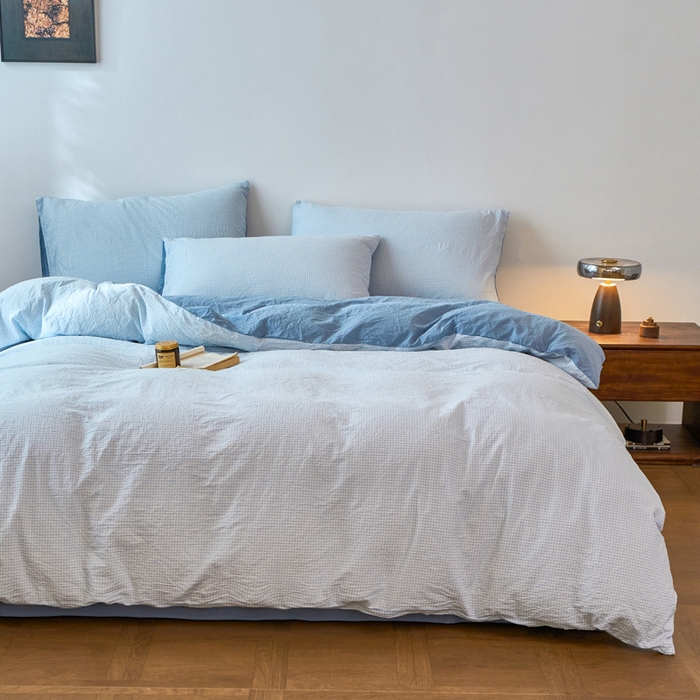 91家纺网 家纺一手货源 找家纺 春皖家纺 2026春夏新款全棉纯棉水洗棉四件套 月光蓝