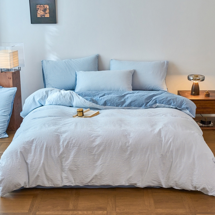 91家纺网 家纺一手货源 找家纺 春皖家纺 2026春夏新款全棉纯棉水洗棉四件套 月光蓝