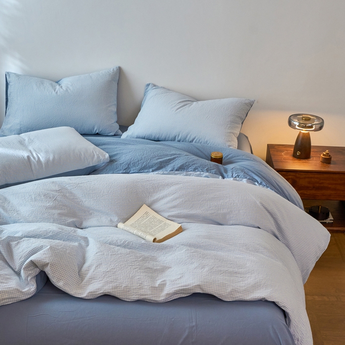 91家纺网 家纺一手货源 找家纺 春皖家纺 2026春夏新款全棉纯棉水洗棉四件套 月光蓝