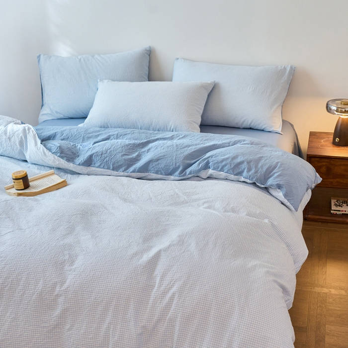 91家纺网 家纺一手货源 找家纺 春皖家纺 2026春夏新款全棉纯棉水洗棉四件套 月光蓝