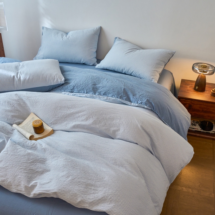 91家纺网 家纺一手货源 找家纺 春皖家纺 2026春夏新款全棉纯棉水洗棉四件套 月光蓝