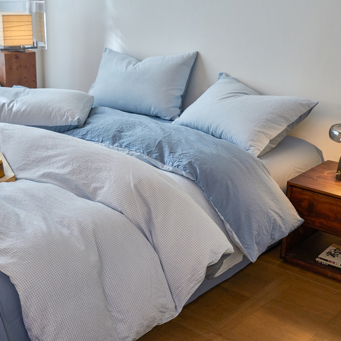 91家纺网 家纺一手货源 找家纺 春皖家纺 2026春夏新款全棉纯棉水洗棉四件套 月光蓝