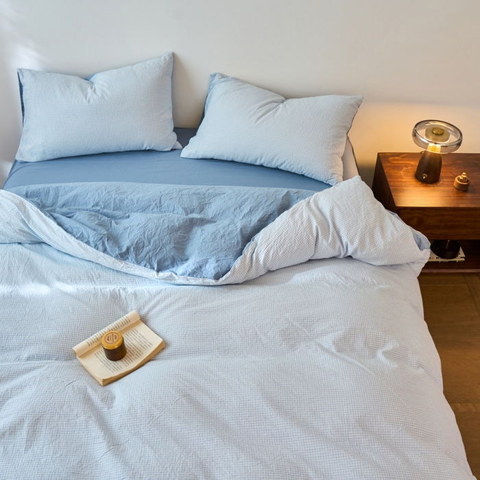 91家纺网 家纺一手货源 找家纺 春皖家纺 2026春夏新款全棉纯棉水洗棉四件套 月光蓝