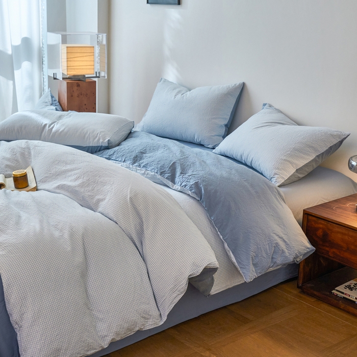 91家纺网 家纺一手货源 找家纺 春皖家纺 2026春夏新款全棉纯棉水洗棉四件套 月光蓝