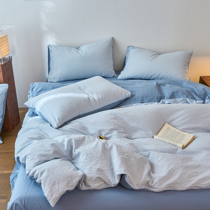 91家纺网 家纺一手货源 找家纺 春皖家纺 2026春夏新款全棉纯棉水洗棉四件套 月光蓝