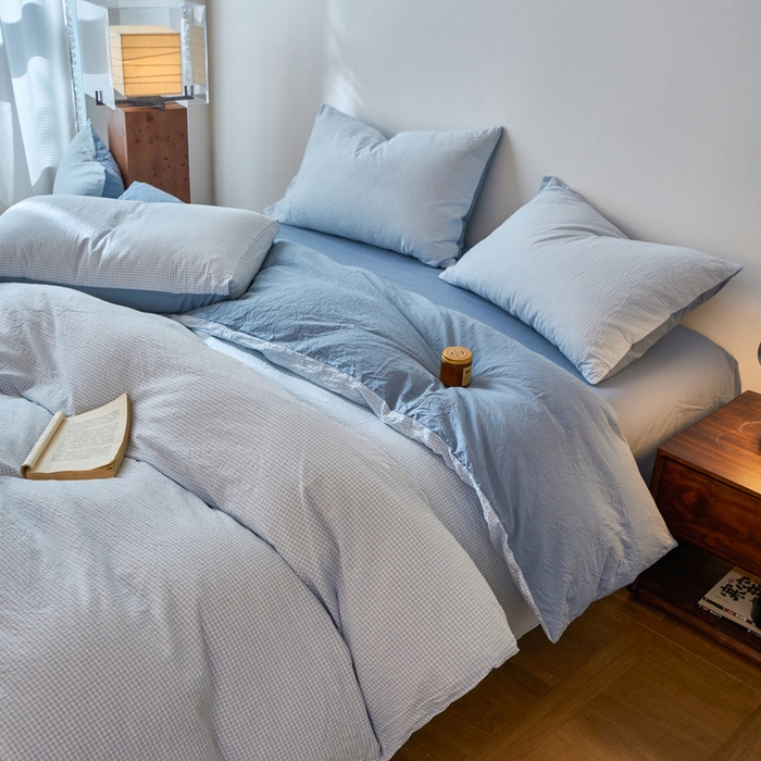 91家纺网 家纺一手货源 找家纺 春皖家纺 2026春夏新款全棉纯棉水洗棉四件套 月光蓝