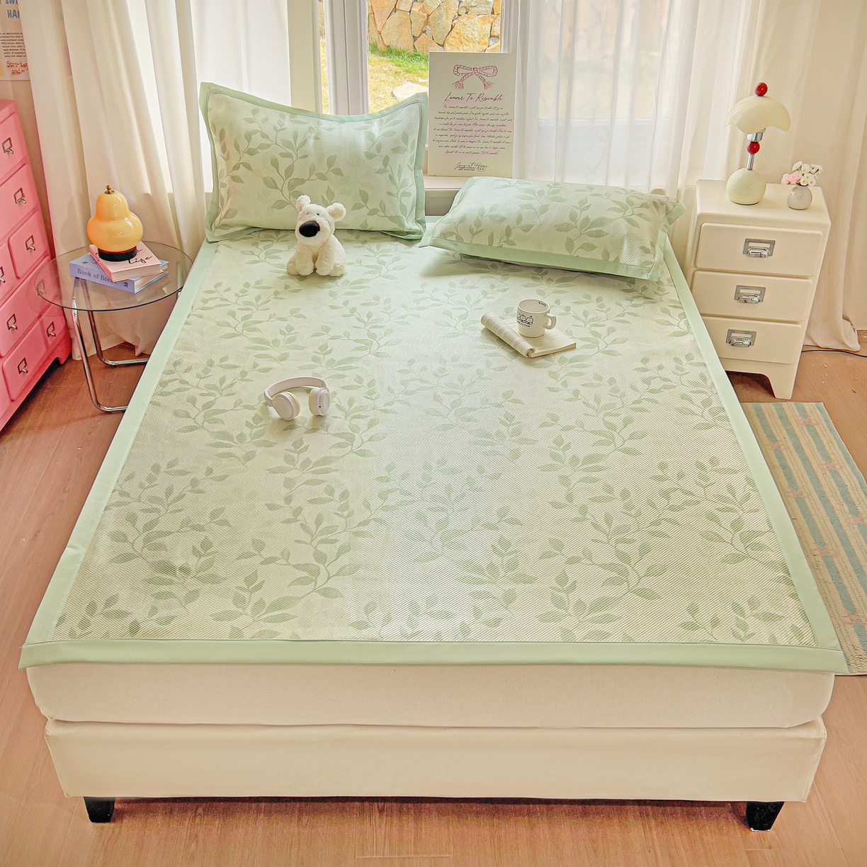 91家纺网 家纺一手货源 找家纺 川悦生活 2026新款时尚数码印花冰藤席 叶雨-绿水