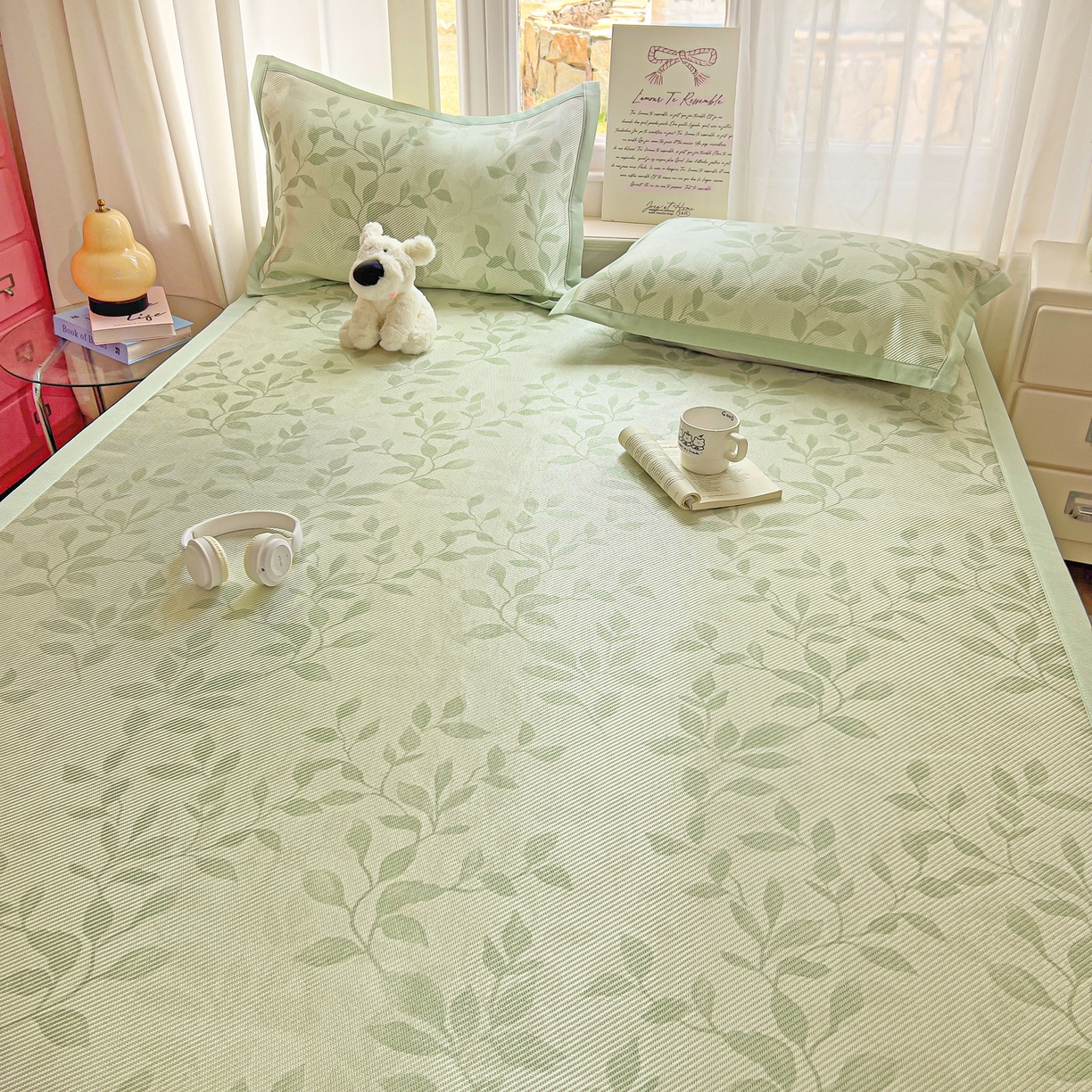 91家纺网 家纺一手货源 找家纺 川悦生活 2026新款时尚数码印花冰藤席 叶雨-绿水