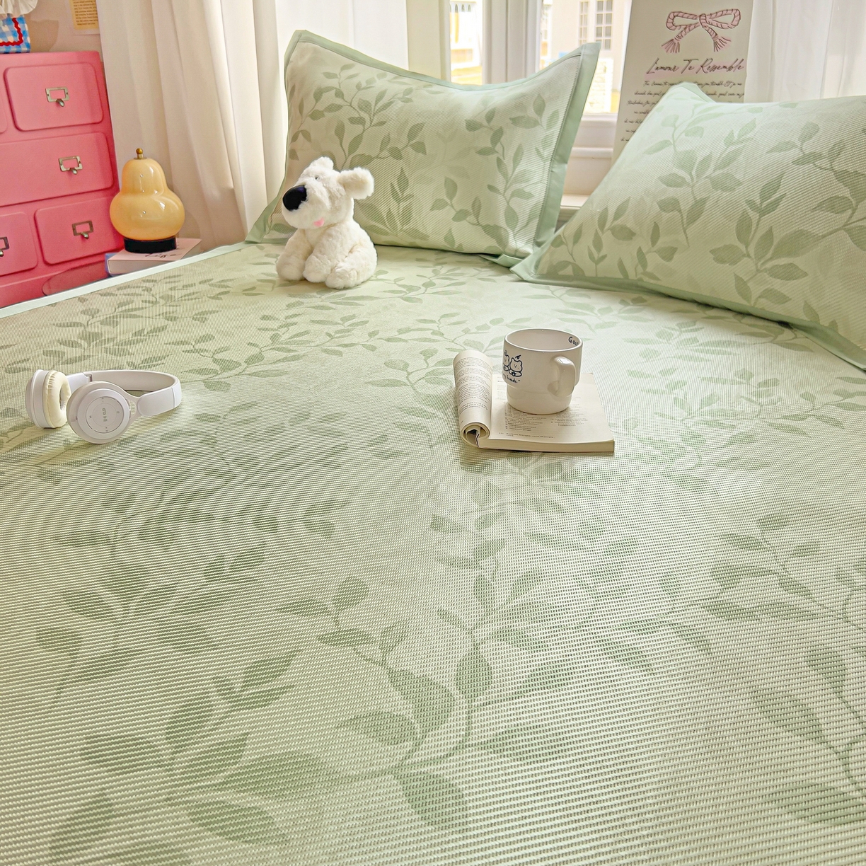 91家纺网 家纺一手货源 找家纺 川悦生活 2026新款时尚数码印花冰藤席 叶雨-绿水