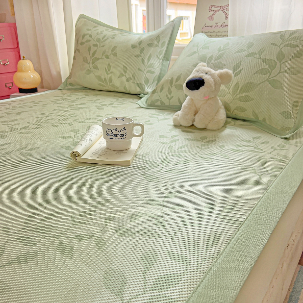 91家纺网 家纺一手货源 找家纺 川悦生活 2026新款时尚数码印花冰藤席 叶雨-绿水