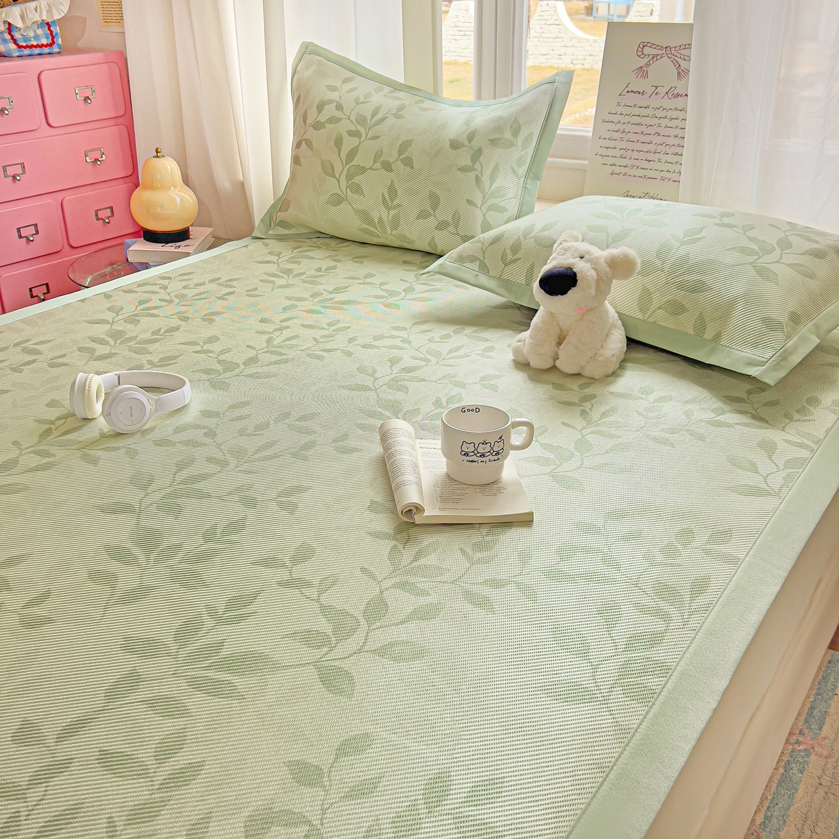 91家纺网 家纺一手货源 找家纺 川悦生活 2026新款时尚数码印花冰藤席 叶雨-绿水