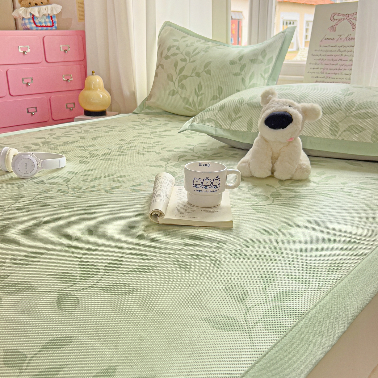 91家纺网 家纺一手货源 找家纺 川悦生活 2026新款时尚数码印花冰藤席 叶雨-绿水