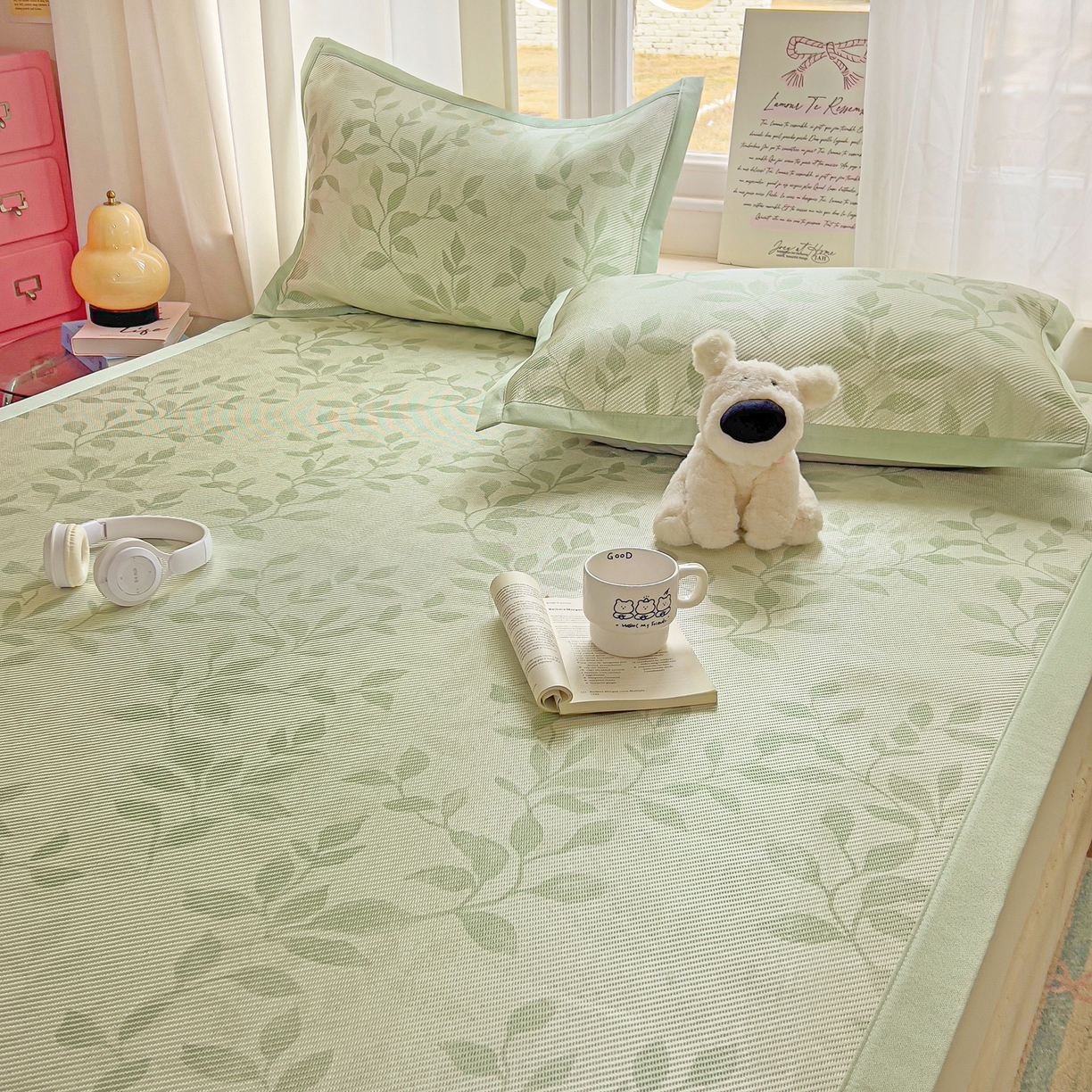 91家纺网 家纺一手货源 找家纺 川悦生活 2026新款时尚数码印花冰藤席 叶雨-绿水