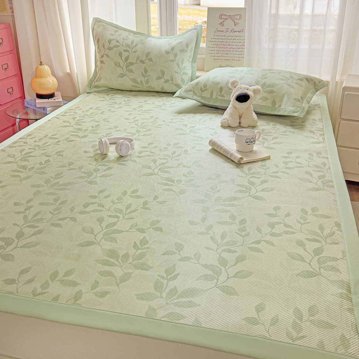 91家纺网 家纺一手货源 找家纺 川悦生活 2026新款时尚数码印花冰藤席 叶雨-绿水