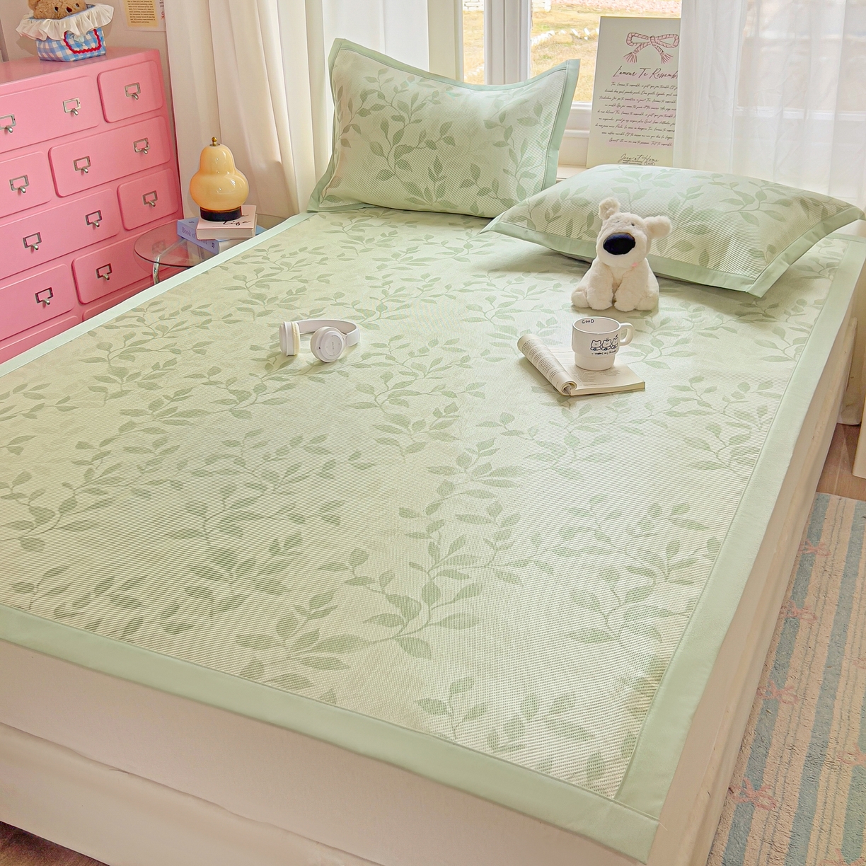 91家纺网 家纺一手货源 找家纺 川悦生活 2026新款时尚数码印花冰藤席 叶雨-绿水