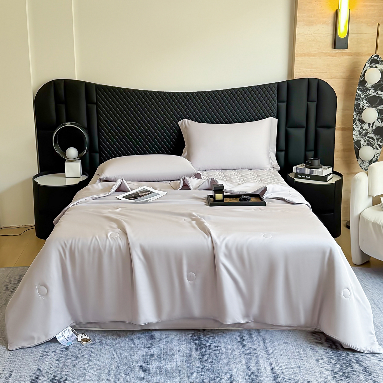 三俏家纺 2026新款夏被100%莱赛尔天丝纯色床盖款夏被四件套60支天丝夏凉被 灰粉色