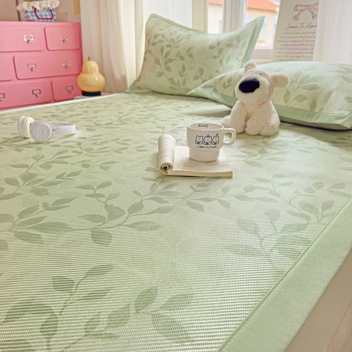 91家纺网 家纺一手货源 找家纺 川悦生活 2026新款时尚数码印花冰藤席 叶雨-绿水