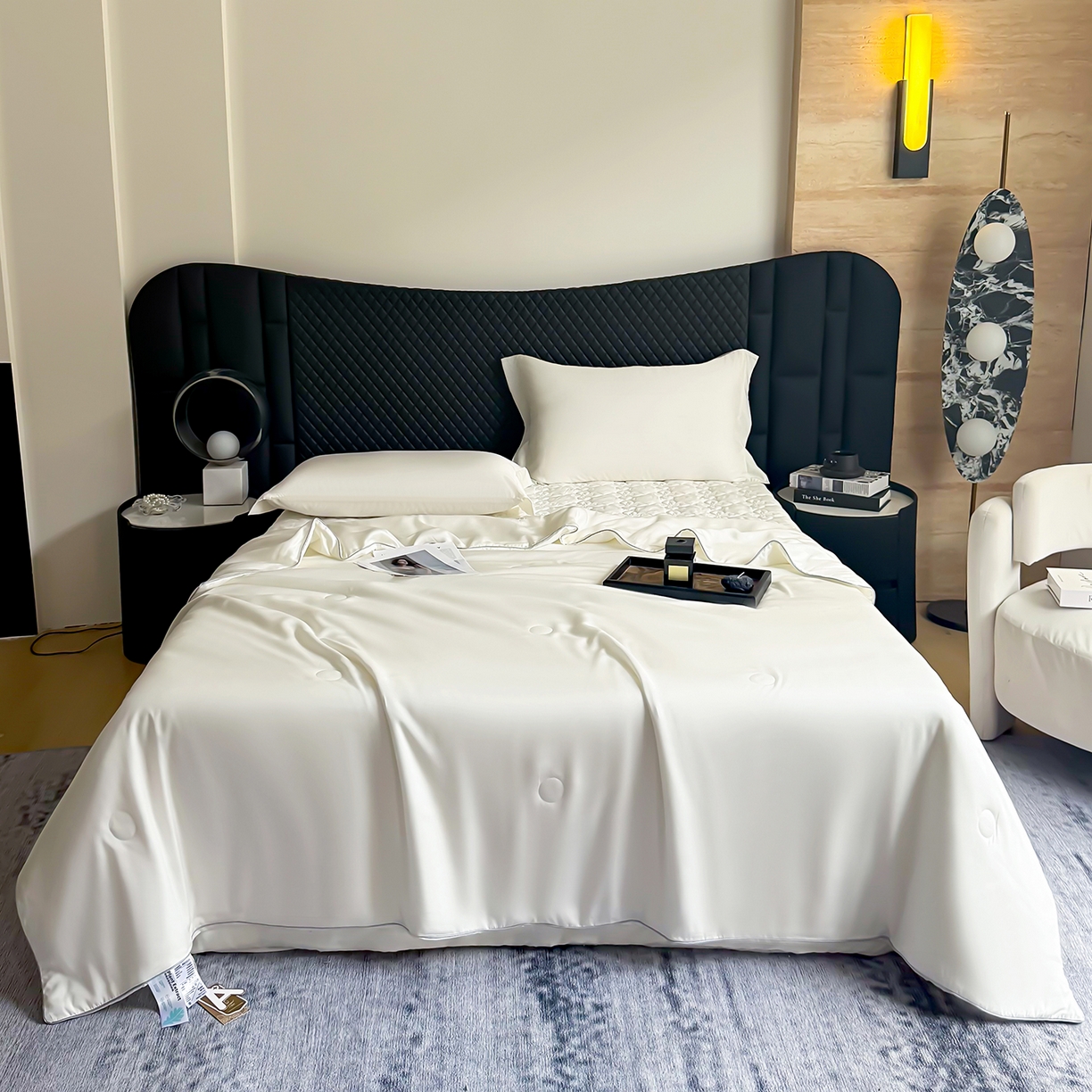 三俏家纺 2026新款夏被100%莱赛尔天丝纯色床盖款夏被四件套60支天丝夏凉被 米白色