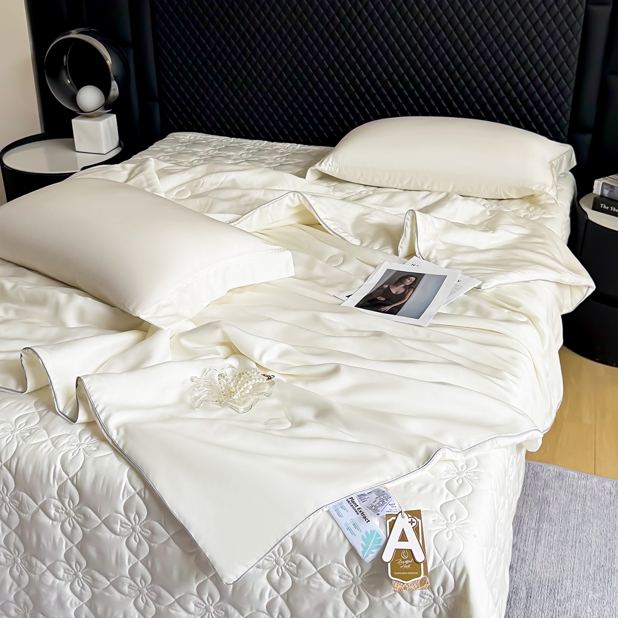 91家纺网 家纺一手货源 找家纺 三俏家纺 2026新款夏被100%莱赛尔天丝纯色床盖款夏被四件套60支天丝夏凉被 米白色