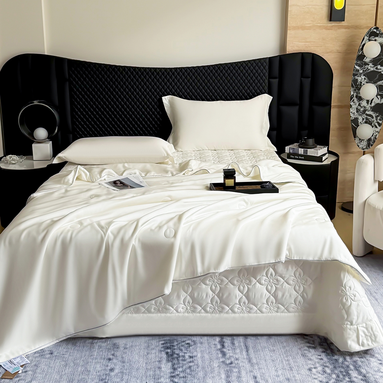 91家纺网 家纺一手货源 找家纺 三俏家纺 2026新款夏被100%莱赛尔天丝纯色床盖款夏被四件套60支天丝夏凉被 米白色