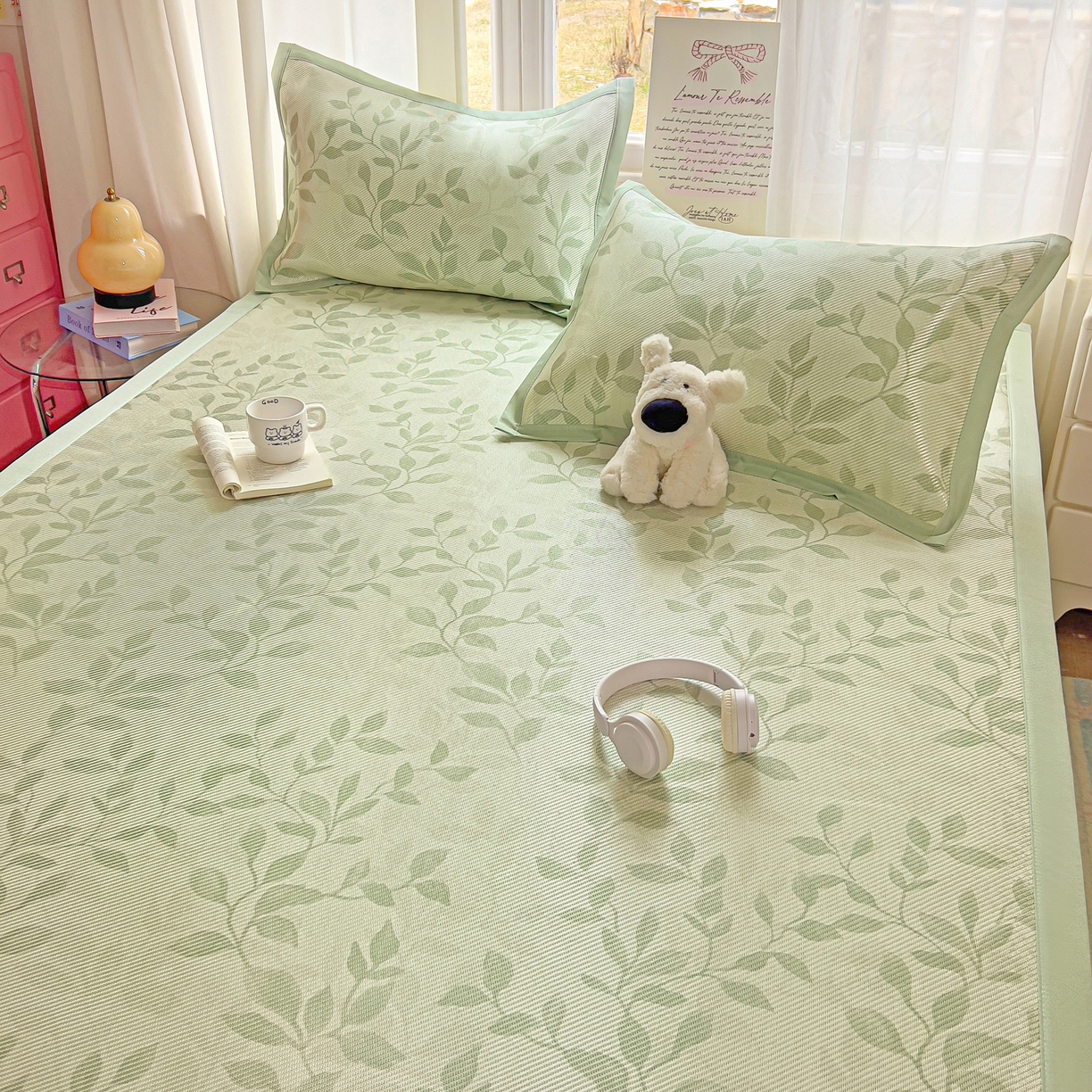 91家纺网 家纺一手货源 找家纺 川悦生活 2026新款时尚数码印花冰藤席 叶雨-绿水