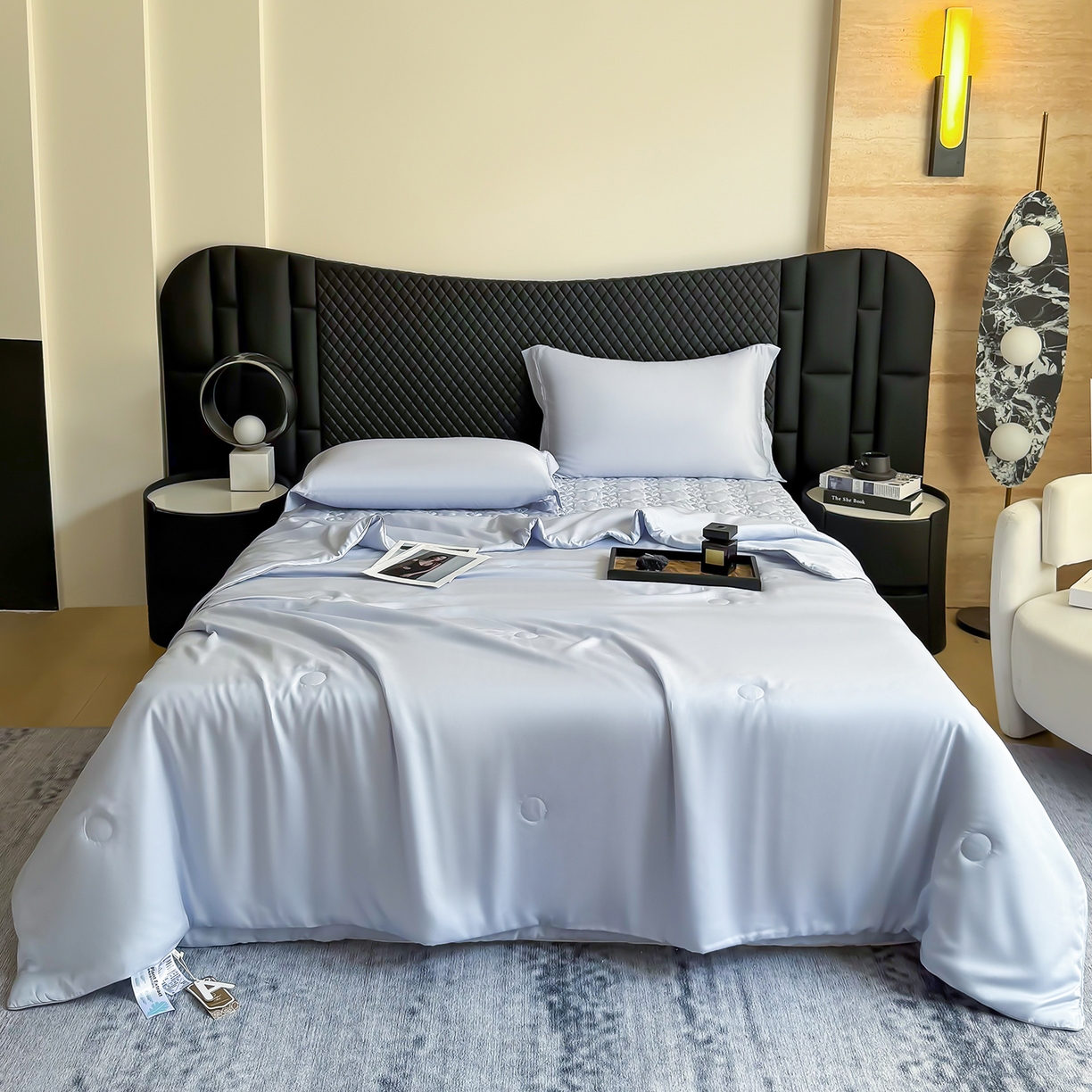 三俏家纺 2026新款夏被100%莱赛尔天丝纯色床盖款夏被四件套60支天丝夏凉被 雾霾蓝